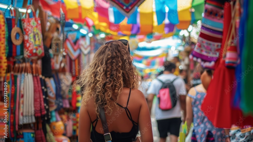Obraz premium A woman in a black bikini top is casually strolling through a bustling market filled with various stalls and vendors.