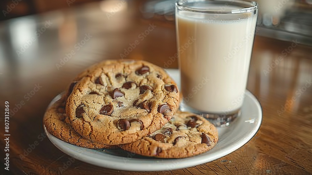 A glass of milk with two chocolate chip cookies on a plate beside a glass of milk on a table A glass of milk with two chocolate chip cookies on a plate beside a glass of milk on a table