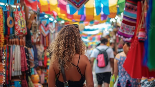A woman in a black bikini top is casually strolling through a bustling market filled with various stalls and vendors.