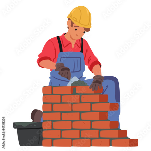 Mason Or Bricklayer Wearing Hard Hat, Laying Bricks And Constructing A Brick Wall Or Structure On Construction Site