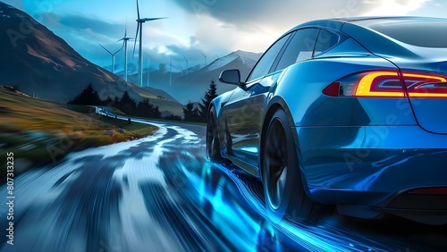 Electric car driving through wind turbine farm on mountain road. Concept Electric Cars  Renewable Energy  Sustainable Transportation  Mountain Roads  Wind Turbines