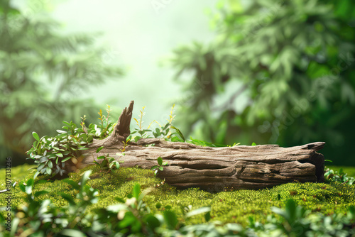 A piece of wood lies atop a dense green field, contrasting against the lush grass photo