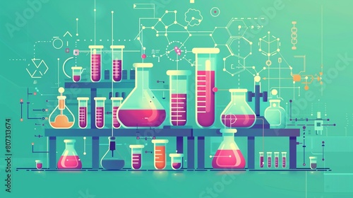 Flat solid color illustration with no gradient: fuchsia biotech lab on jade background--Biotechnology Research and Development