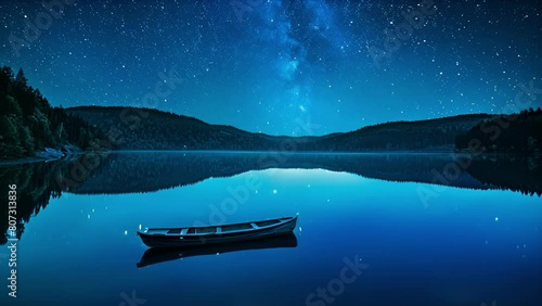 The still and mirrorlike surface of a tranquil lake reflects a starry night sky offering the ultimate backdrop for a peaceful evening of stargazing and deep sleep. . photo