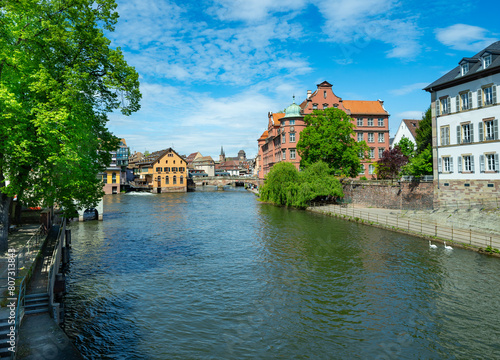 Strasbourg. Old town. waterside promenade  of the Ill near Covered bridge Pont  in the district Petite France . France, Europe