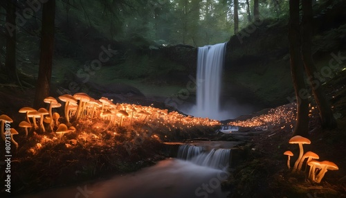 A waterfall surrounded by a forest of glowing mush upscaled 2 photo