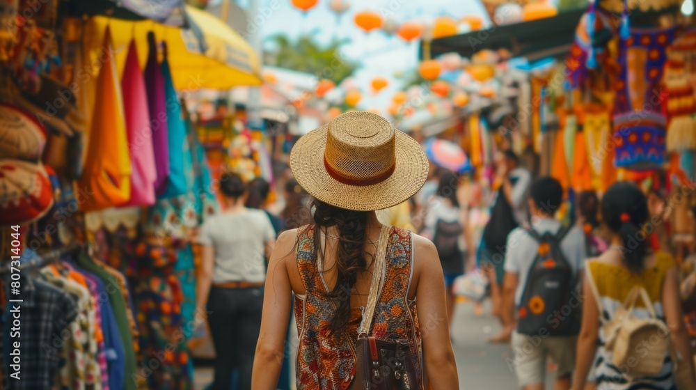 A woman with a hat walking through a busy market, surrounded by stalls and people.