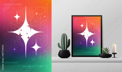 Vector gradient minimalistic rave Poster with strange wireframes graphic of geometrical shapes Y2K design inspired by brutalism and mockup in the interior, modular cubes with textures rainbow colors