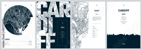 Set of travel posters with Cardiff, detailed urban street plan city map, Silhouette city skyline, vector artwork