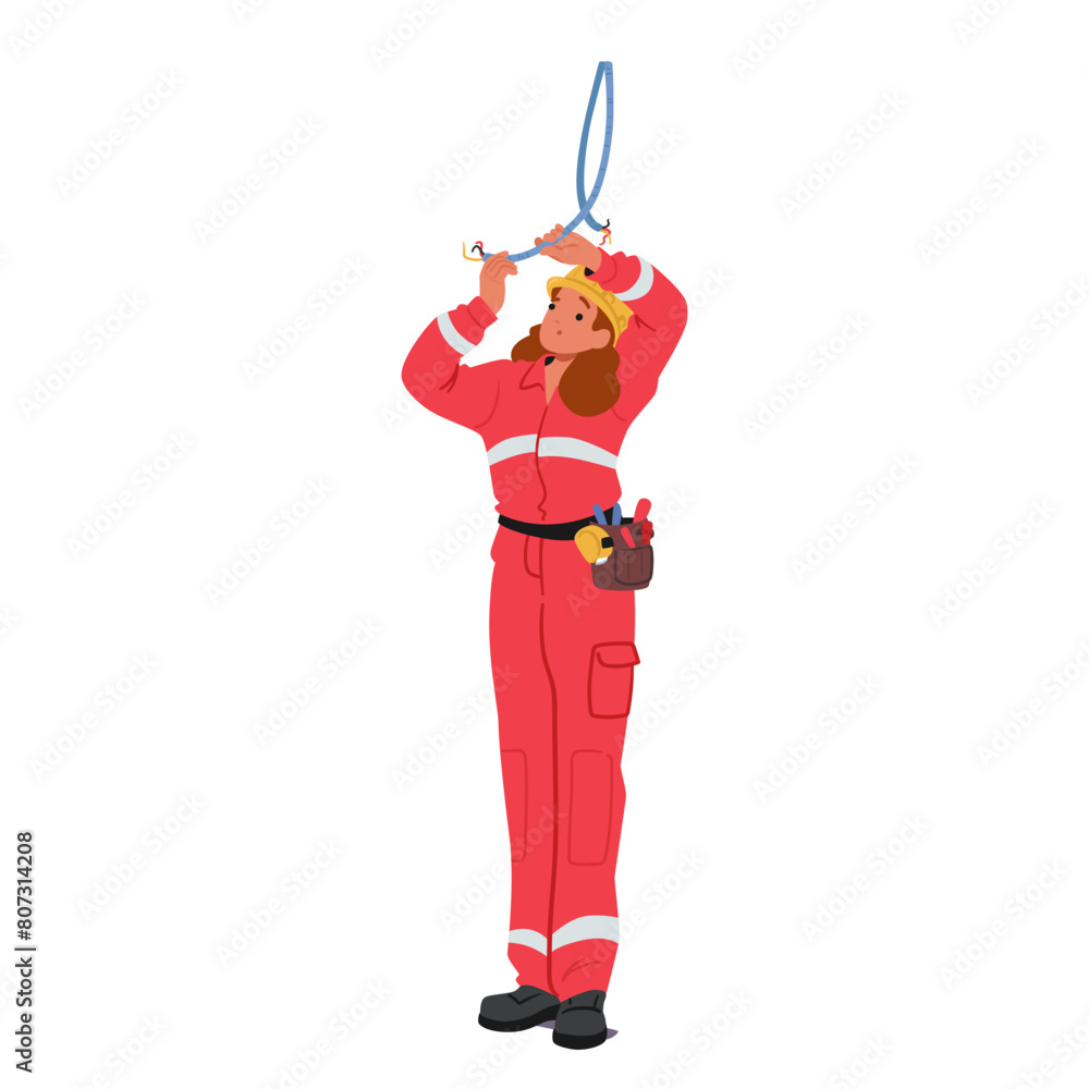 Female Electrician Wearing Red Jumpsuit, Helmet And Tool Belt Work with A Cable, Involved In Tasks On Construction Sites Female Electrician Wearing Red Jumpsuit, Helmet And Tool Belt Work with A Cable, Involved In Tasks On Construction Sites