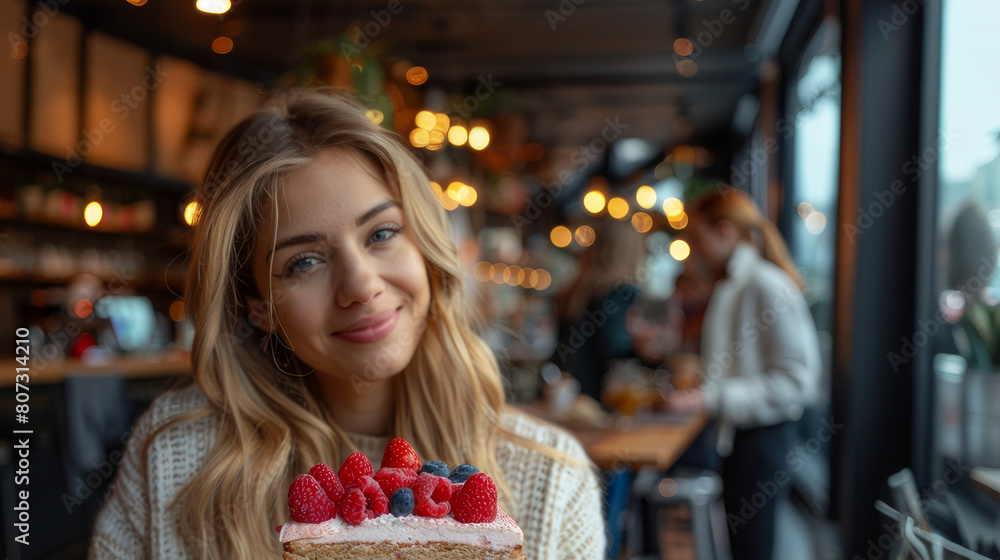 Young Woman Enjoying a Fresh Berry Cake at a Cozy Cafe, Smiling Young Woman Enjoying a Fresh Berry Cake at a Cozy Cafe, Smiling