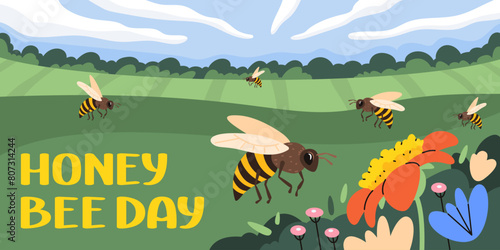 Group of honeybees fly around meadow and collect pollen from flowers. Honey bee day banner. Vector flat illustration.