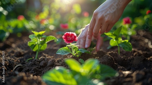 Person Reaching for a Flower in a Garden