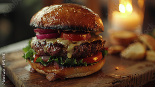Hamburger and Fries on Plate on Table