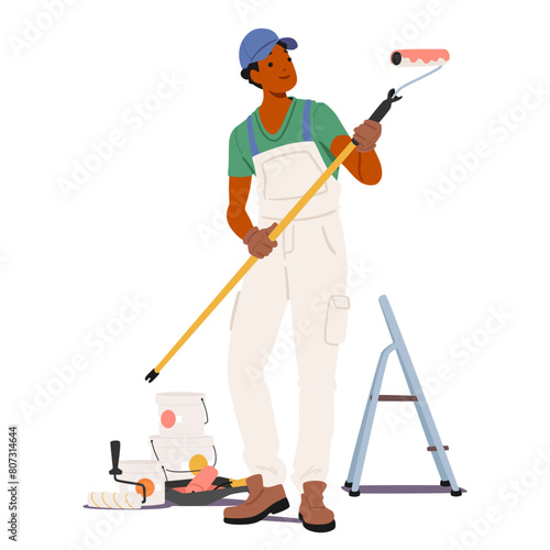 Painter Character Wearing Overalls, Holding A Paint Roller And Standing Next To Paint Cans, A Ladder, And Other Tools