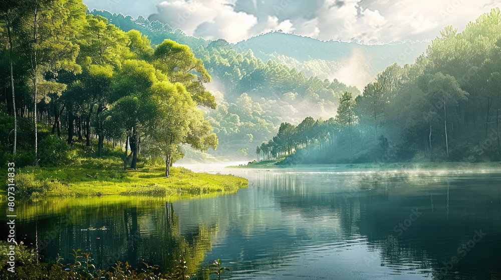 A lake nestled among a backdrop of lush green trees A lake nestled among a backdrop of lush green trees