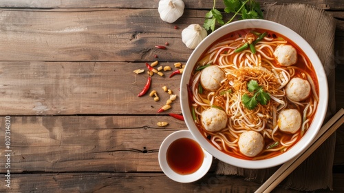 Noodle food Chinese Noodle with fish ball and white bowl on wood table chopstick