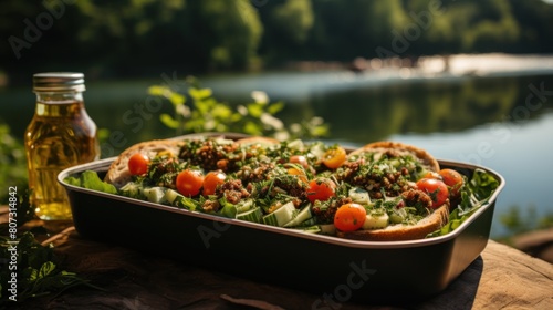 Healthy Salad with Tomatoes, Greens, and Olive Oil Overlooking Serene Lake