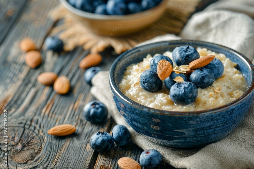 Healthy morning. nutritious oatmeal porridge with fresh blueberries and almonds on wooden table Healthy morning. nutritious oatmeal porridge with fresh blueberries and almonds on wooden table