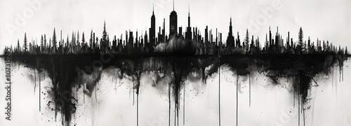 A monochrome reflection of an urban skyline amidst dreamlike visions. A monochromatic artwork displays a city skyline with a mirror-like reflection, creating a surreal ambiance