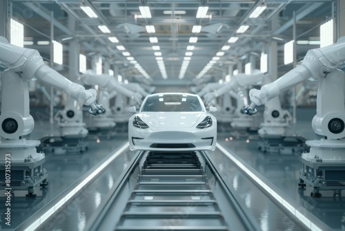 Automated assembly line with industrial robots producing modern passenger cars on white background