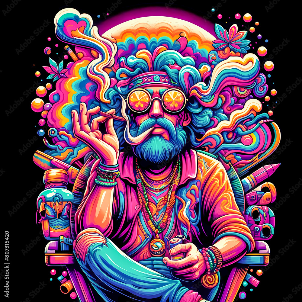 Digital art vibrant colorful psychedelic hippie character smoking a blunt