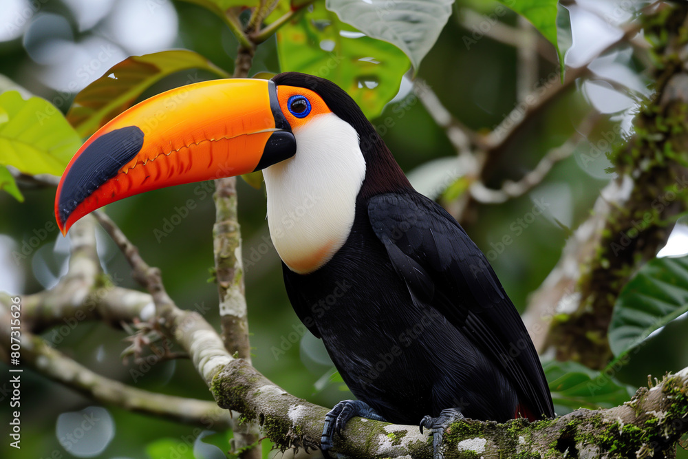 Obraz premium animal in the wild, toucan tropical bird sitting on a tree branch in rainforest