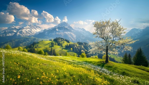 Sunny day idyllic alpine landscape with blooming meadows in the springtime in the swiss alps