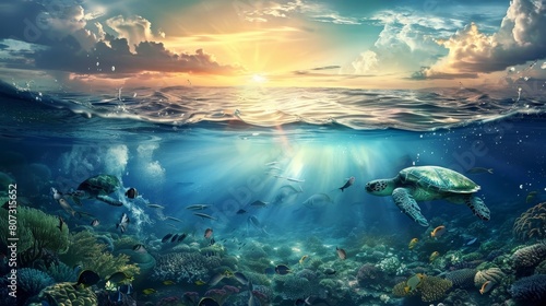 Vibrant underwater scene with diverse marine life and a majestic turtle swimming in the ocean depths