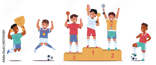 Exuberant Young Football Players Celebrate Victory On A Podium, Showcasing Medals And Trophies, Embodying Team Spirit