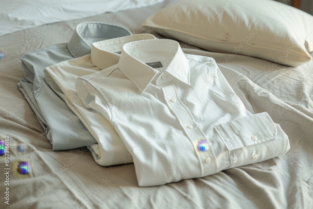 Mens classic shirts laid out on white background for high-quality photography on bed Mens classic shirts laid out on white background for high-quality photography on bed