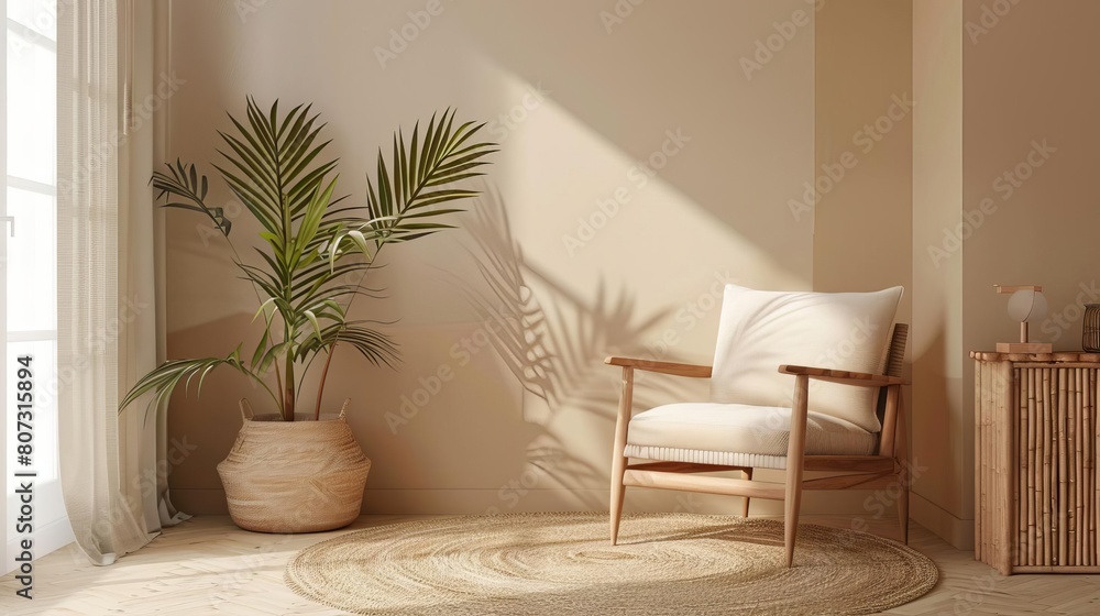 A cozy living room boho style with a large window, a cream-colored armchair, and a potted palm tree in the corner A cozy living room boho style with a large window, a cream-colored armchair, and a potted palm tree in the corner