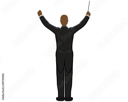 vector design of a man wearing an all black suit standing and raising both hands while holding a small stick usually called a conductor in leading and directing classical music concerts