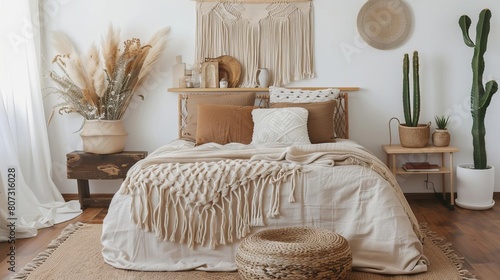 A cozy bedroom boho style with a bed  rug  and various decorations