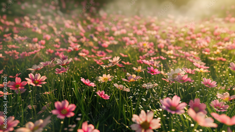 A field filled with pink flowers basking in the sunlight