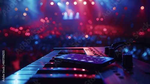 A mobile device tailored for music production, with studio-grade audio features and music composition apps, against a softly blurred concert hall backdrop, inspiring musical creativity photo