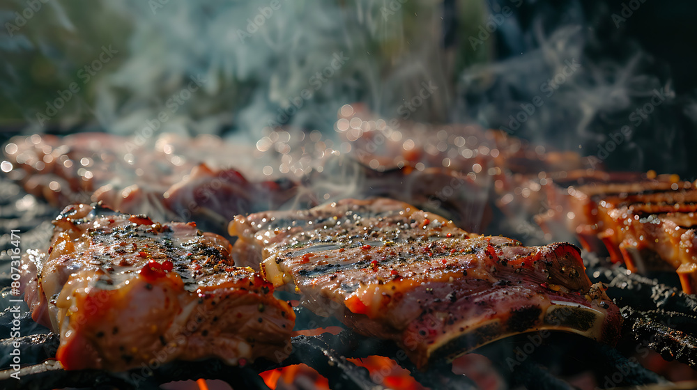 succulent pieces of meat grilling on a barbecue. The meats have grill marks and appear to be well-seasoned, as evidenced by the visible herbs and spices succulent pieces of meat grilling on a barbecue. The meats have grill marks and appear to be well-seasoned, as evidenced by the visible herbs and spices
