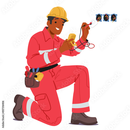 Electrician in Red Jumpsuit, Hard Hat And Tool Belt Working With Electrical Components And Wires, Performs Installation
