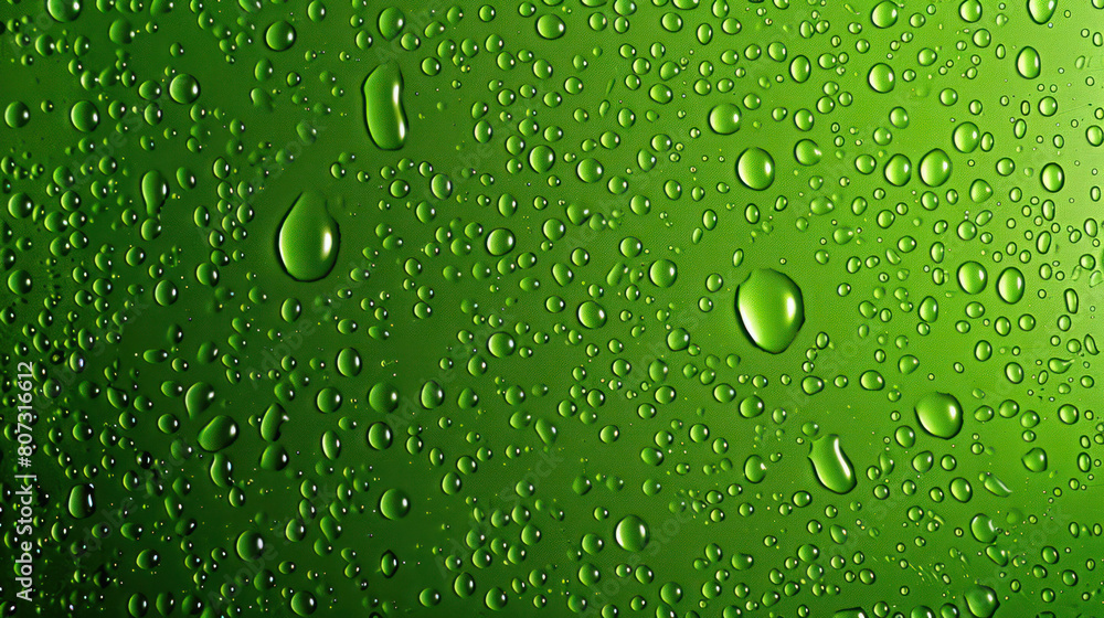 Water droplets creating a textured surface on a vibrant green backdrop Water droplets creating a textured surface on a vibrant green backdrop