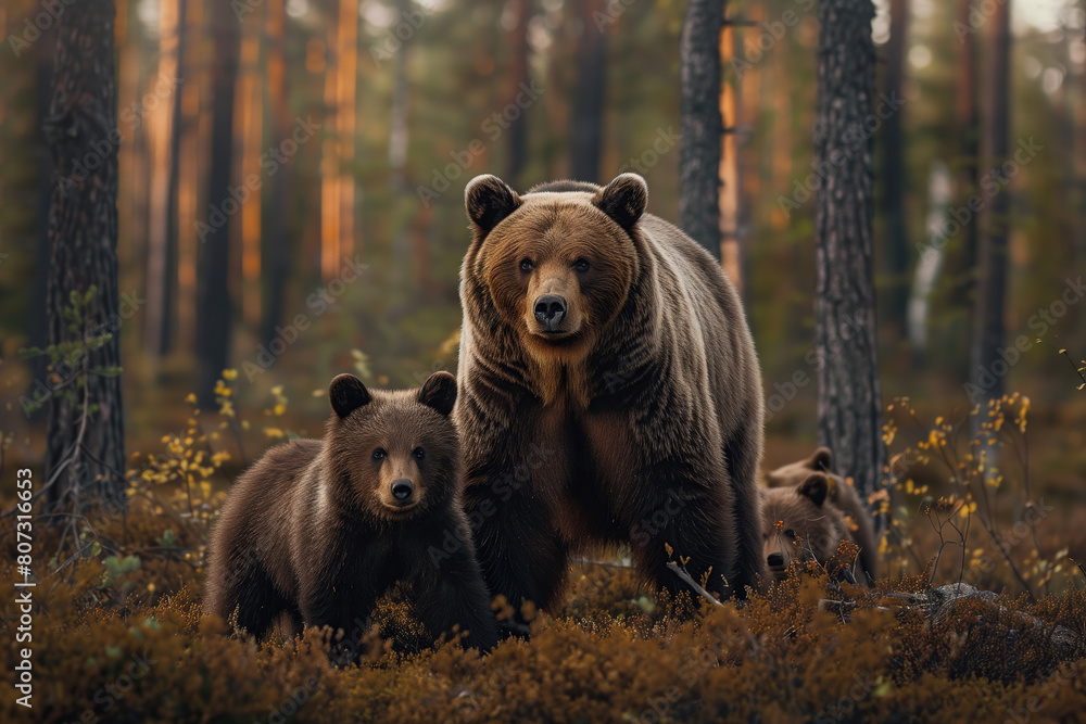 A brown bear and cubs walk in the forest. Scene of a mother bear and cubs. Surrounded by big trees. A brown bear and cubs walk in the forest. Scene of a mother bear and cubs. Surrounded by big trees.