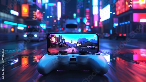 A mobile phone designed for gamers, with ergonomic controls and immersive gaming experiences, against a softly blurred virtual reality landscape, transporting users into the world of gaming adventures