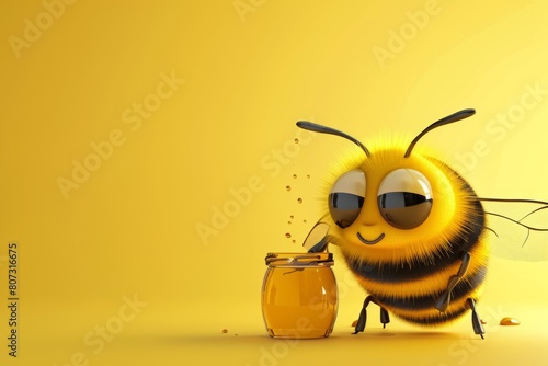 abeja con tarro de miel sobre fondo amarillo. dibujos animados