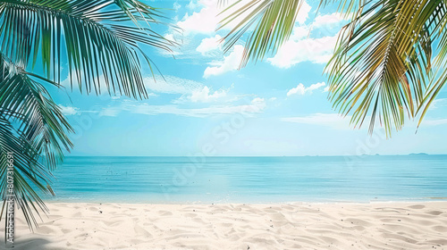 A tropical beach scene with palm trees swaying and the ocean in the background under a clear blue sky