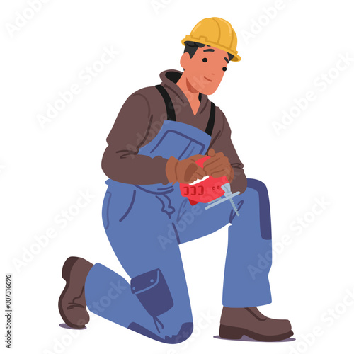 Construction Worker Male Character Wearing Overalls And A Yellow Hard Hat Working with jigsaw Tool, Engaged In Carpentry