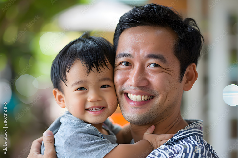 A father holding his smiling son during a Father's Day celebration in a park. A father holding his smiling son during a Father's Day celebration in a park.