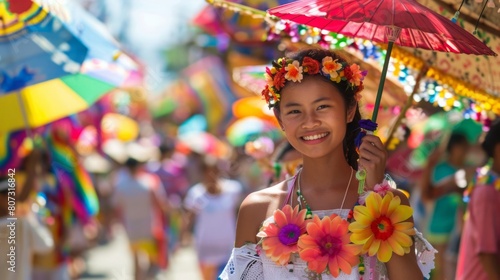 A woman wearing a flower crown holds an umbrella in a field.