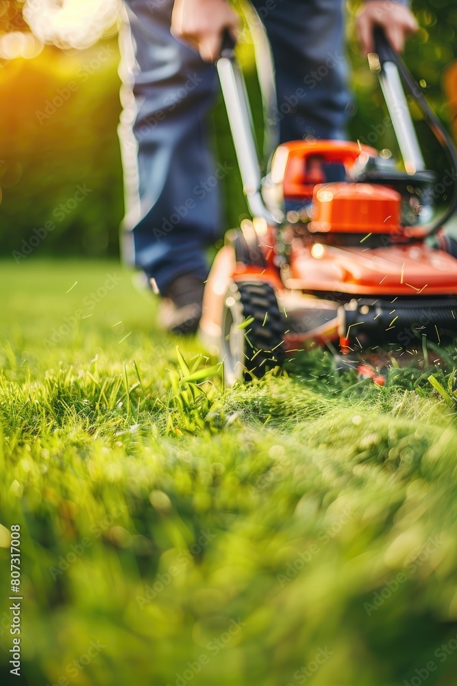 close-up of a man mowing the lawn close-up of a man mowing the lawn