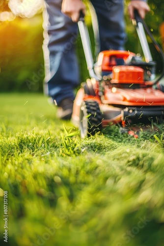 close-up of a man mowing the lawn