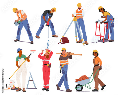 Diverse Team Of Construction Workers In Colorful Uniforms And Hardhats Use Various Tools And Equipment. Building Trade