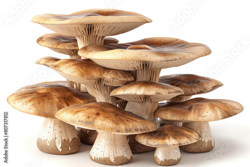 Bunch of mushrooms stacked on top of each other, creating a visually interesting composition against a plain white background
